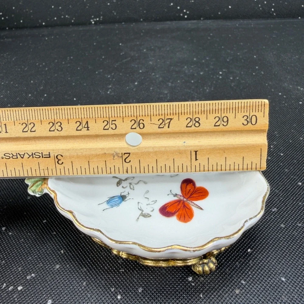 Vintage Porcelain Butterfly Beetle Trinket Dish Scalloped Brass Filigree Base‎